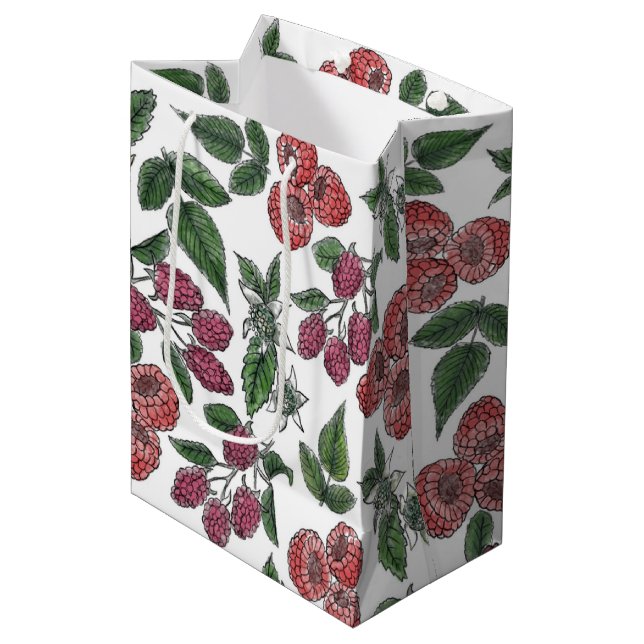 Vintage Raspberry Leaves Illustration Pattern Medium Gift Bag (Front Angled)