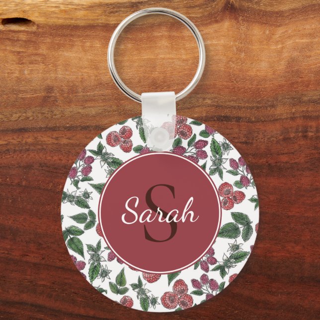 Vintage Raspberry Leaves Illustration Personalised Keychain (Front)