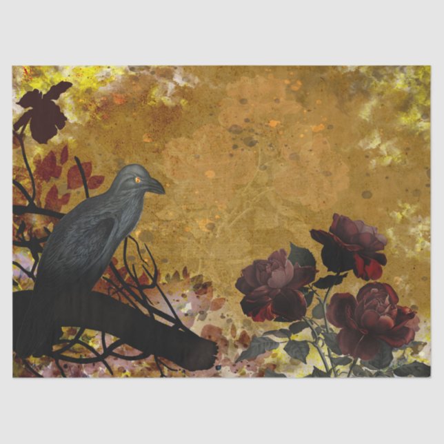 Vintage Raven and Red Roses Halloween Tissue Paper (Front)