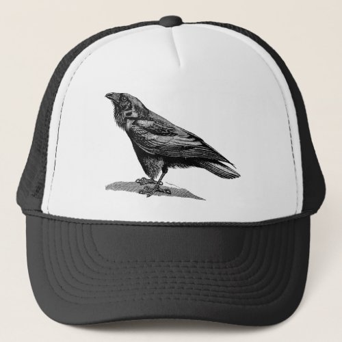 Vintage Raven Crow Blackbird Bird Illustration Trucker Hat