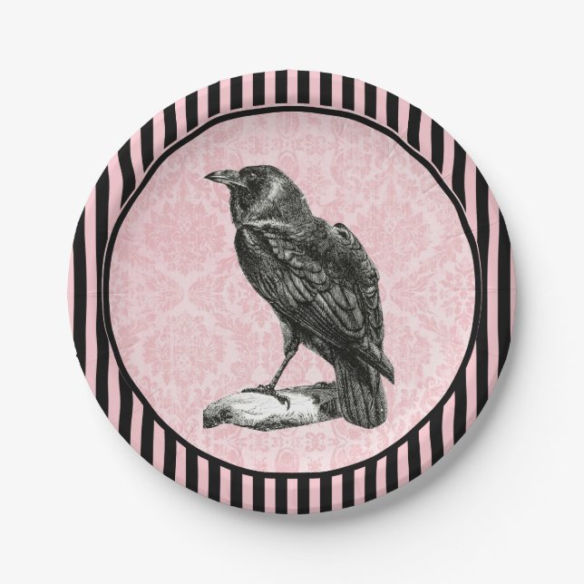 Vintage Raven | Crow on Pink Damask | Halloween Paper Plates (Front)