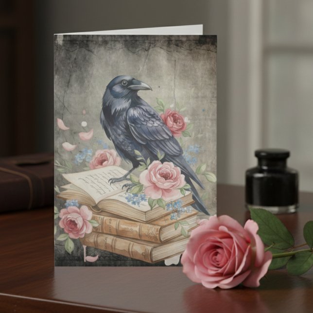 Vintage Raven Dark Academia Floral Note Card (Dark Academia Victorian Gothic notecard)