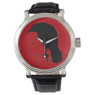 Vintage Raven Silhouette Black Red Ravens Crows Watch