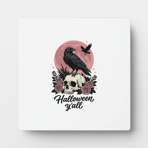 Vintage Raven Skull Halloween Y’all Plaque