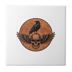 Vintage Raven Winged Skull Orange Moon Vector Desi Ceramic Tile