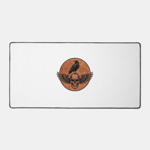 Vintage Raven Winged Skull Orange Moon Vector Desi Desk Mat