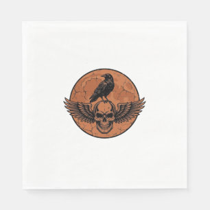 Vintage Raven Winged Skull Orange Moon Vector Desi Napkins