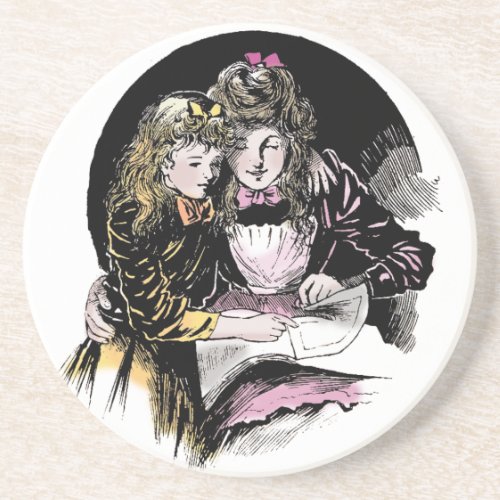 Vintage Reading Victorian Mom Daughter Coaster