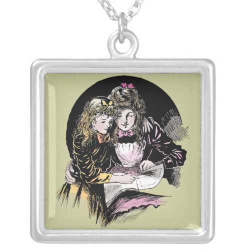 Vintage Reading Victorian Mom Daughter Silver Plated Necklace