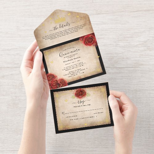 Vintage Real Gold Foil Black and Red Quinceanera All In One Invitation