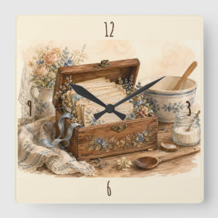 Vintage Recipe Box Cottage Kitchen Square Wall Clock