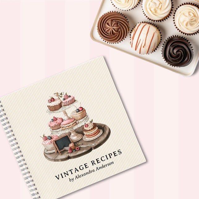 Vintage Recipe Cookbook Organizer Retro Dessert  Notebook (Elegant Vintage Cute Cupcakes Notebook)