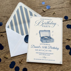 Vintage Record Player Blue 50th Birthday Invitation
