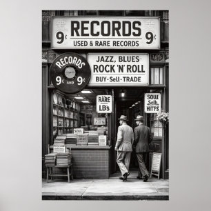 Vintage Record Store Poster, Black White Music Poster