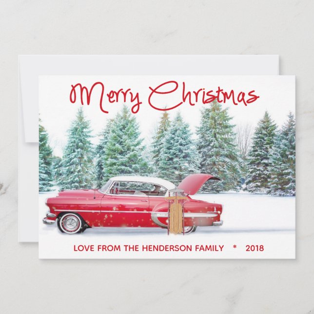Vintage Red 1950's Chevy Merry Christmas Holiday Card (Front)