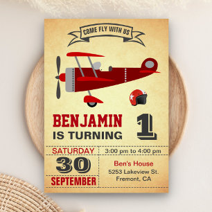 Vintage Red Airplane 1st Birthday Party Invitation