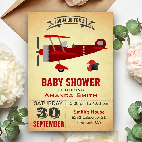 Vintage Red Airplane Baby Shower Invitation