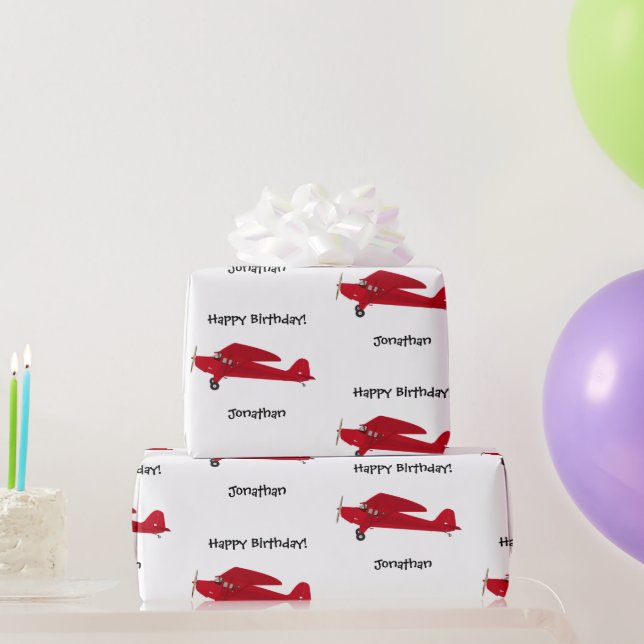 Vintage Red Airplane Happy Birthday Wrapping Paper (Party Gifts)