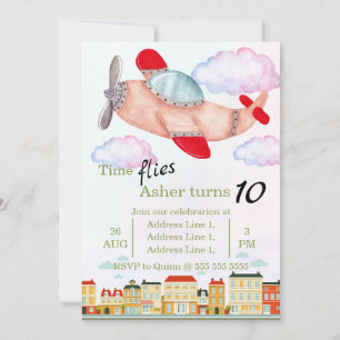 Vintage Red Airplane with Watercolor Clouds & City Invitation