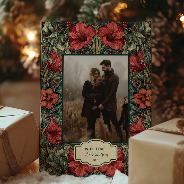 Vintage Red Amaryllis Botanical Christmas Photo Holiday Card (Creator Uploaded)