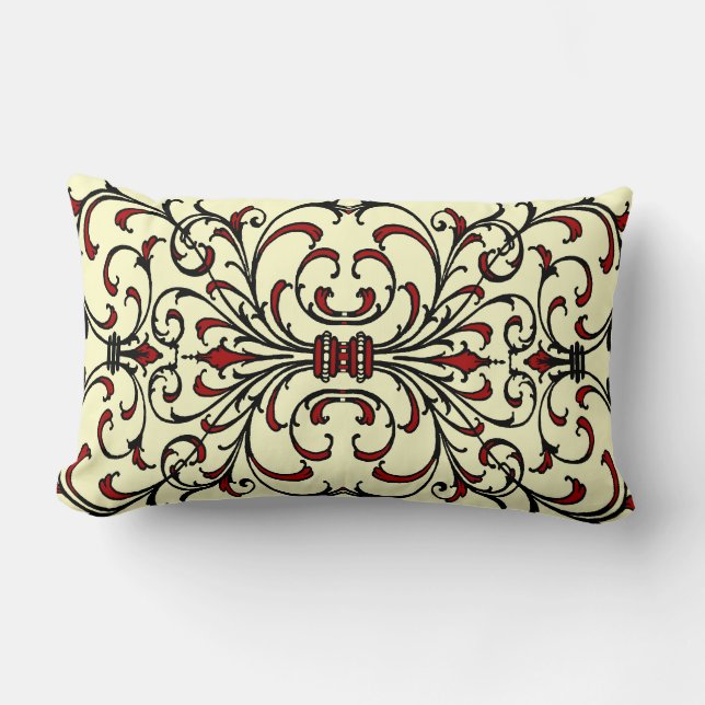 Vintage Red and Black Damask Lumbar Pillow (Front)