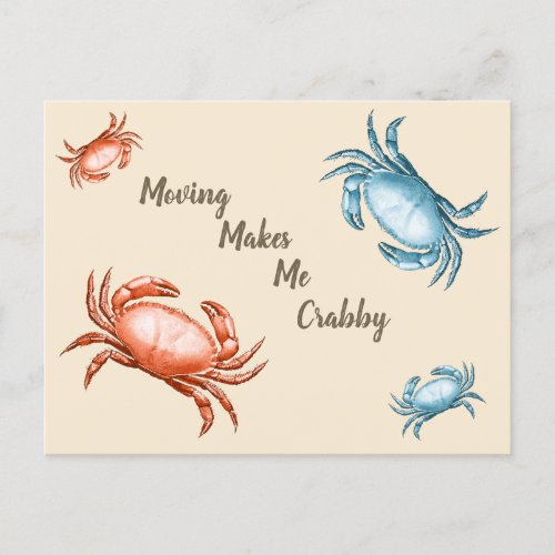 Vintage Red and Blue Crabs Moving Makes me Crabby Postcard