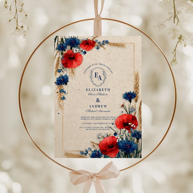 Vintage Red and Blue Floral Wedding Invitation (Creator Uploaded)