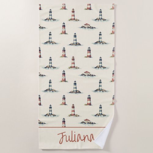 Vintage Red and Blue Lighthouses on Cream Beach Towel