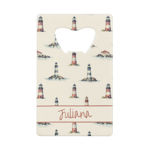 Vintage Red and Blue Lighthouses on Cream Credit Card Bottle Opener
