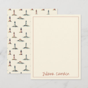 Vintage Red and Blue Lighthouses on Cream Note Card