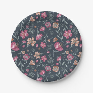 Vintage Red and Brown Fall Flowers Pattern Paper Plates