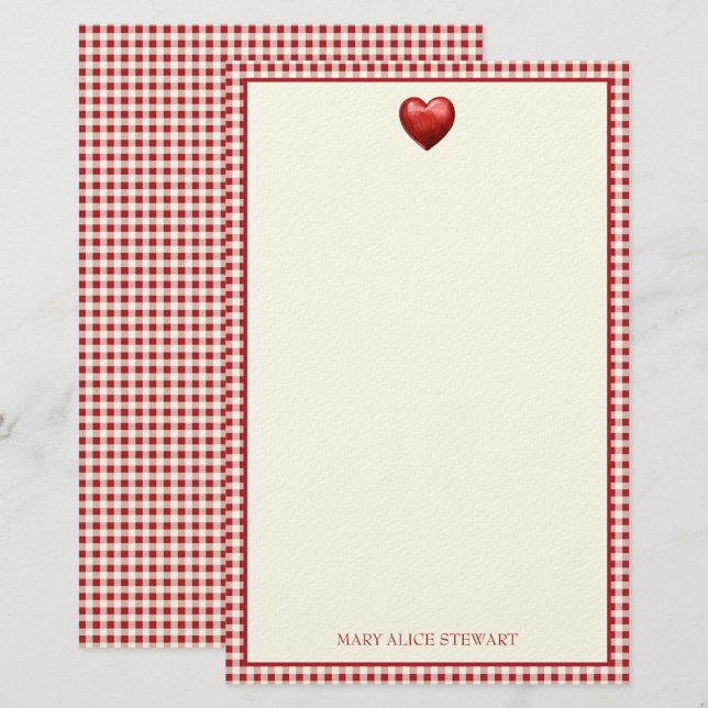 Vintage Red and Cream Gingham With Heart Stationery (Front/Back)