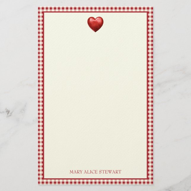 Vintage Red and Cream Gingham With Heart Stationery (Front)