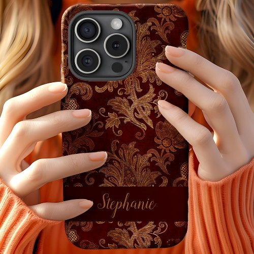  Vintage Red And Gold Baroque Damask Personalized  iPhone 15 Case
