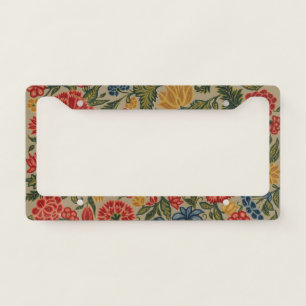 Vintage Red and Gold Crewel Floral Pattern License Plate Frame