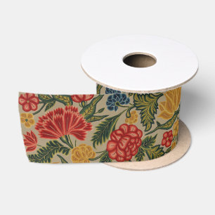 Vintage Red and Gold Crewel Floral Pattern Satin Ribbon