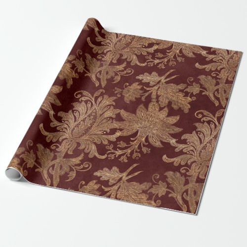 Vintage Red and Gold Faux Floral Christmas Velvet Wrapping Paper