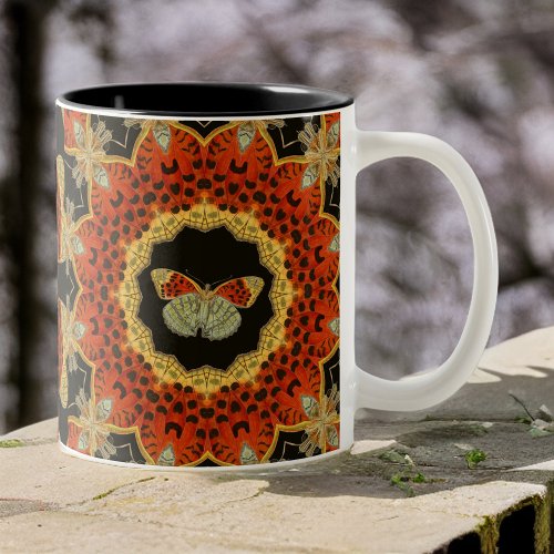 Vintage Red and Gold Moth in Winged Frame on Black Two_Tone Coffee Mug