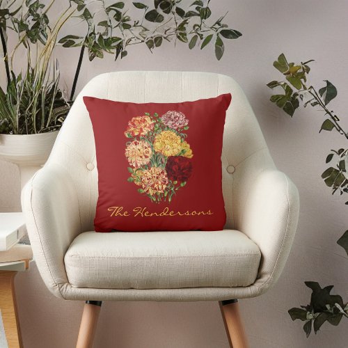 Vintage Red and Gold Ruffled Carnations with Name Throw Pillow