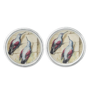 Vintage Red and Gray Bird Watercolor Art Cufflinks