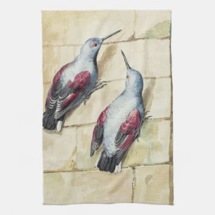 Vintage Red and Gray Bird Watercolor Art Kitchen Towel