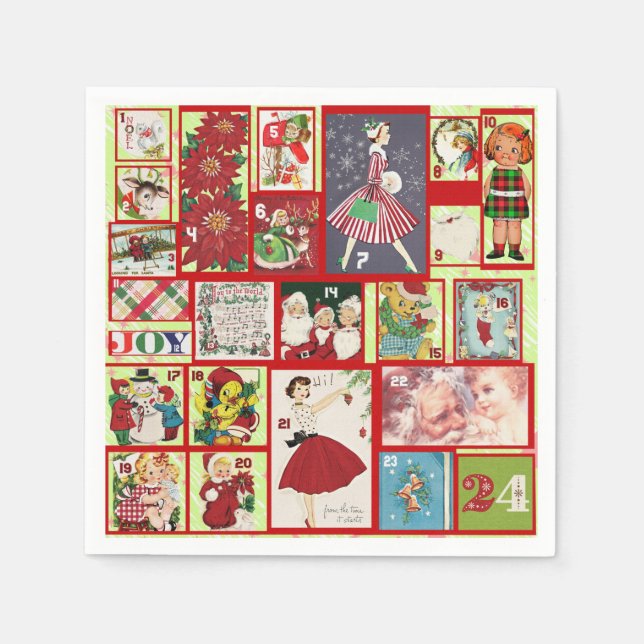 Vintage Red and Green Advent Calender Christmas Napkins (Front)
