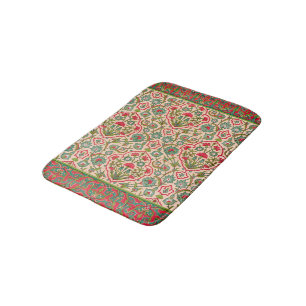Vintage Red and Green Arabic Floral Pattern Bath Mat