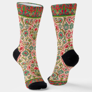 Vintage Red and Green Arabic Floral Pattern Socks