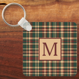 Vintage Red and Green Christmas Plaid Monogram Keychain