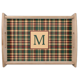 Vintage Red and Green Christmas Plaid Monogram Serving Tray