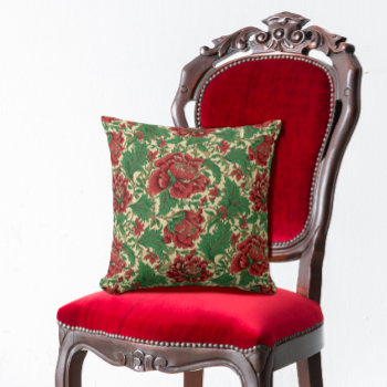Vintage Red And Green Floral Chintz Traditional Throw Pillow by BridalSuite at Zazzle