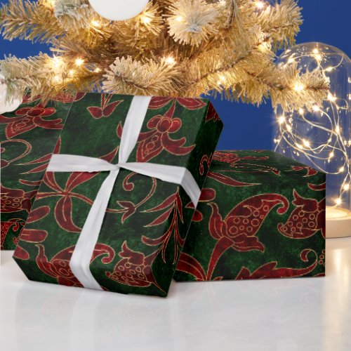 Vintage Red and Green Floral Christmas Velvet Wrapping Paper