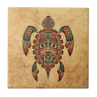 Vintage Red and Green Haida Spirit Sea Turtle Tile