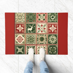 Vintage Red and Green Quilt Squares Christmas Doormat